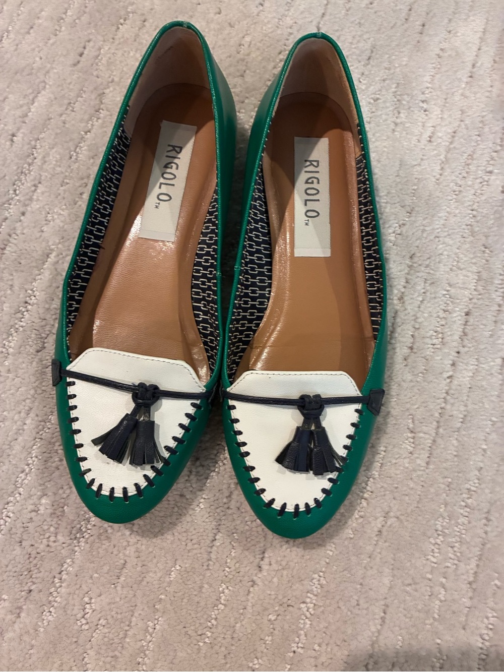 Rigolo Green and White Tassel Loafers for Women
